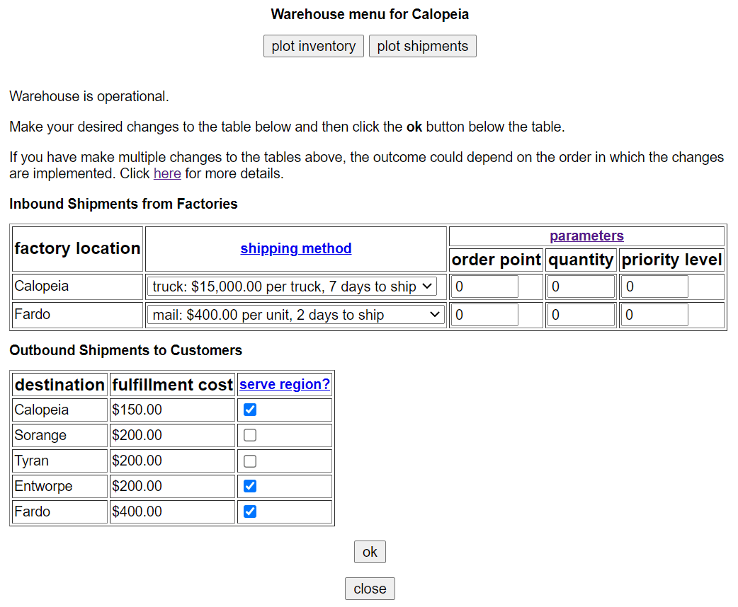 entry fields for changeable parameters